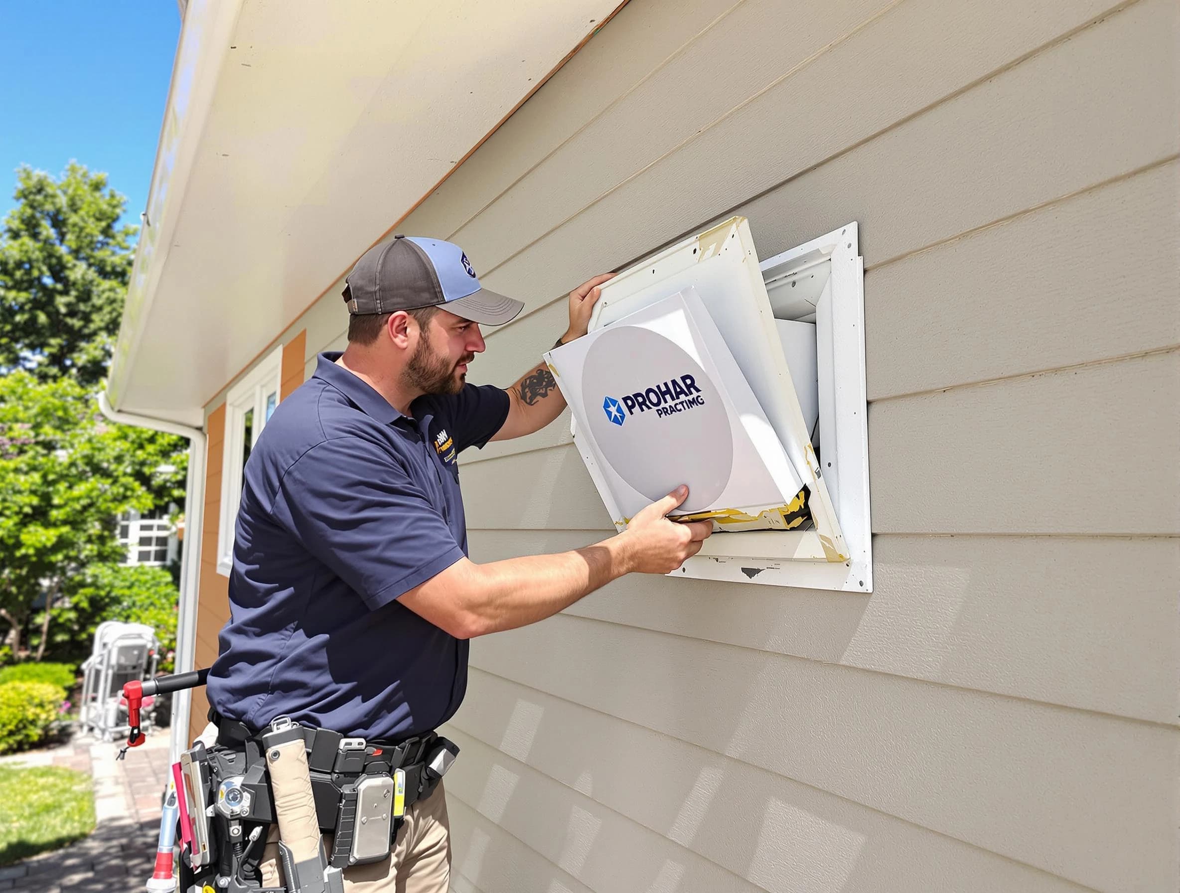 Salem Dryer Vent Cleaning technician installing a new protective dryer vent cover on a home in Salem