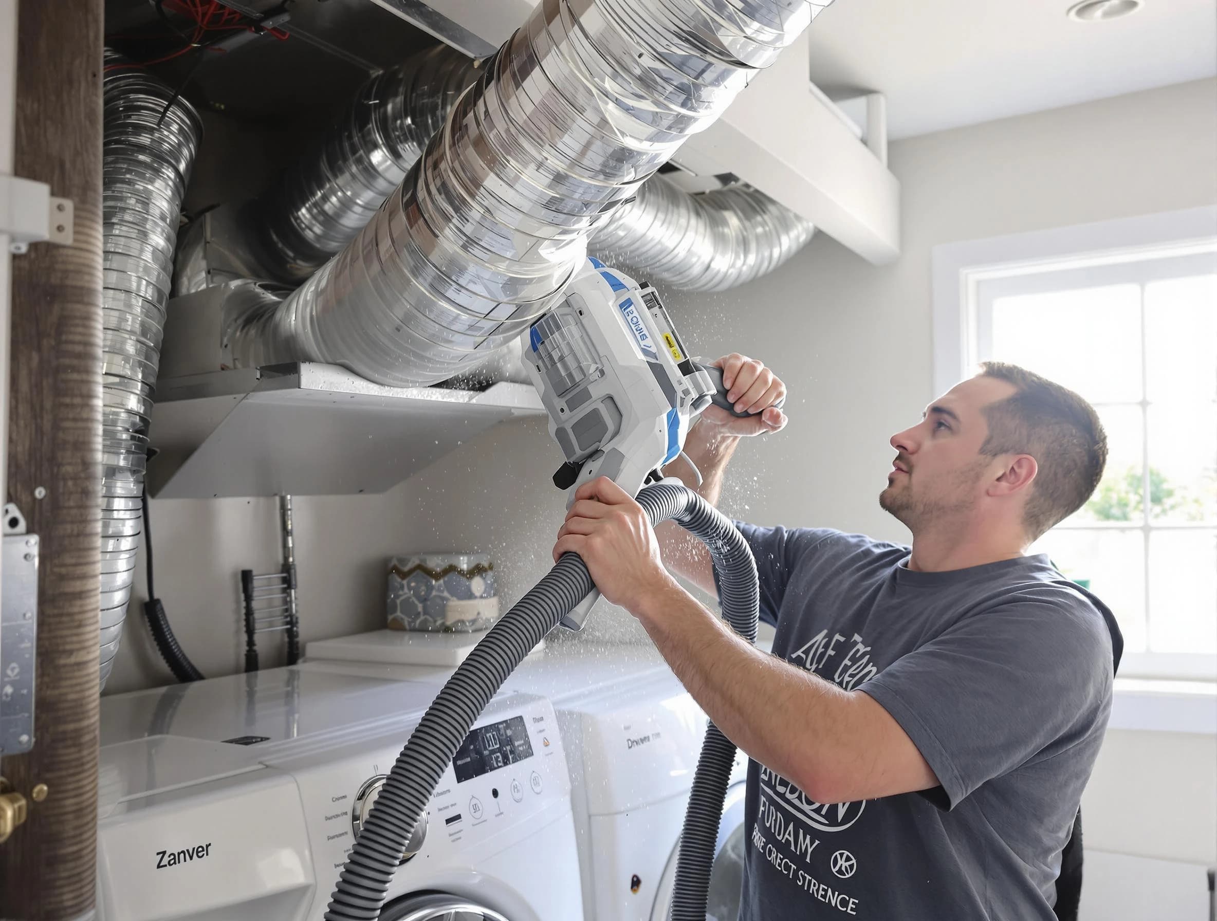 Salem Dryer Vent Cleaning specialist cleaning deep within a dryer vent duct system in Salem