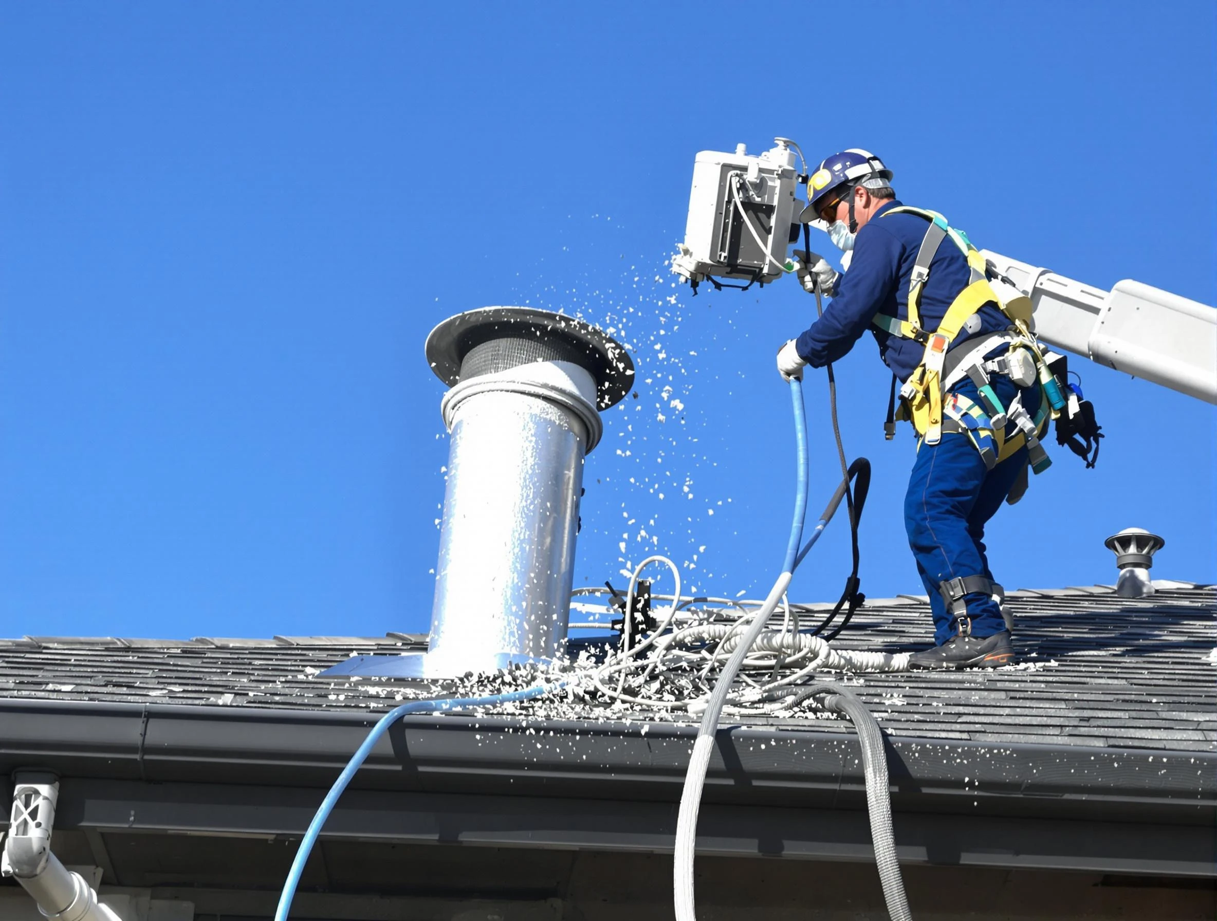 Salem Dryer Vent Cleaning certified technician safely cleaning a roof-mounted dryer vent in Salem
